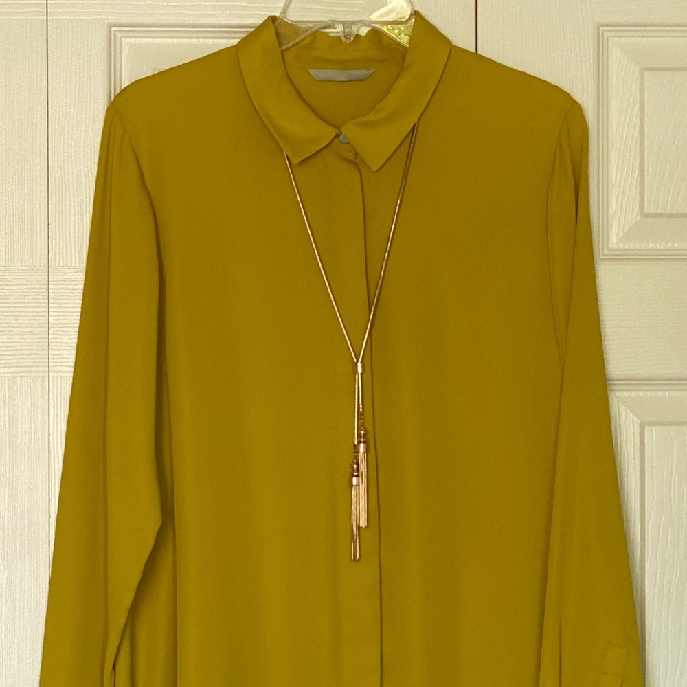 Silky long sleeve button down blouse, color: curry
